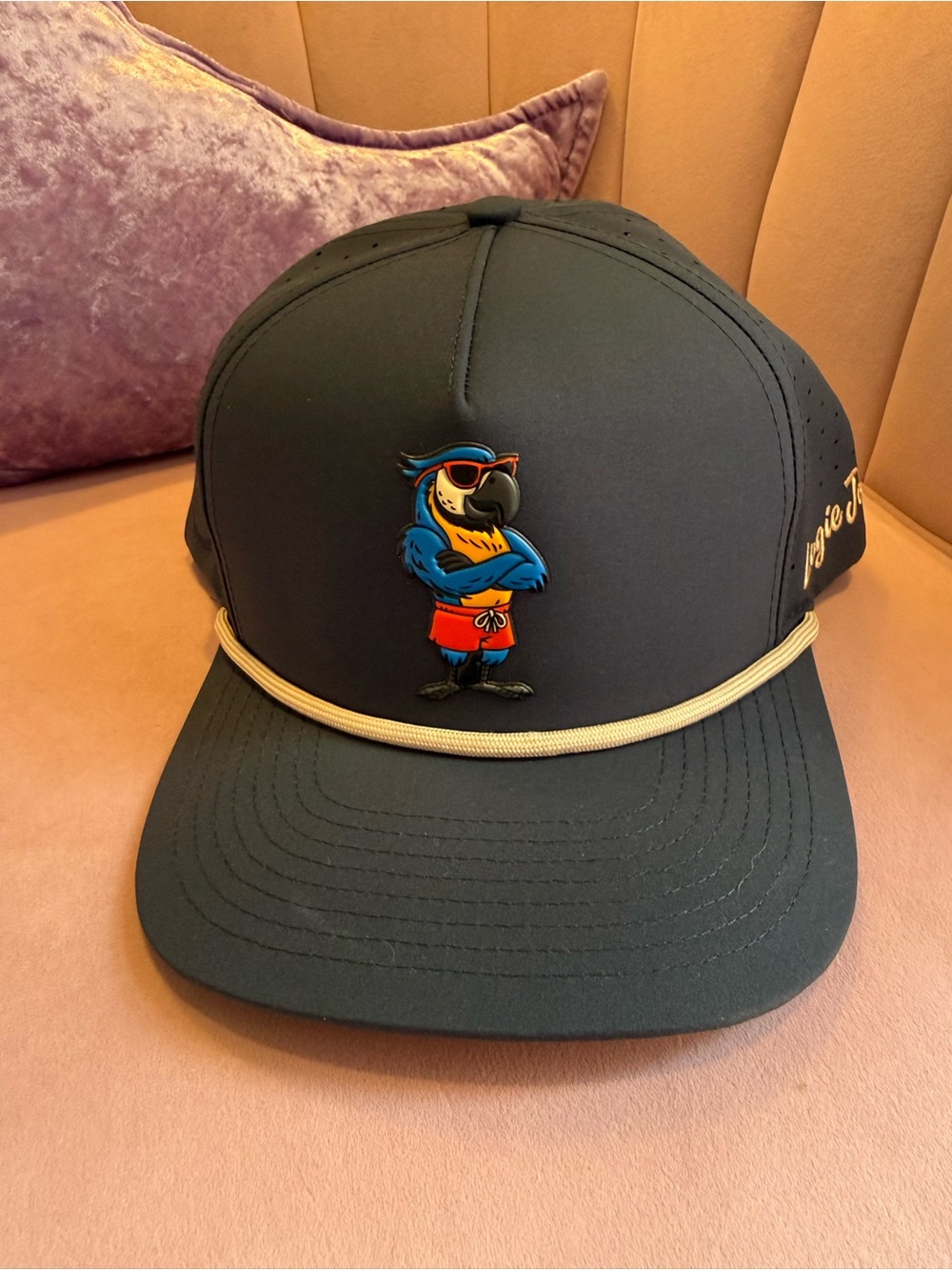 Black Trucker Hat with Parrot Patch and Gold Rope Accent